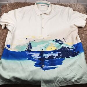 Tommy Bahama Mens XXL Silk Short Sleeve Button Up Shirt Tropical Sailboat AOP